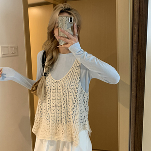 镂空钩花针织吊带背心女夏季2025年薄款甜美宽松外穿罩衫无袖上衣