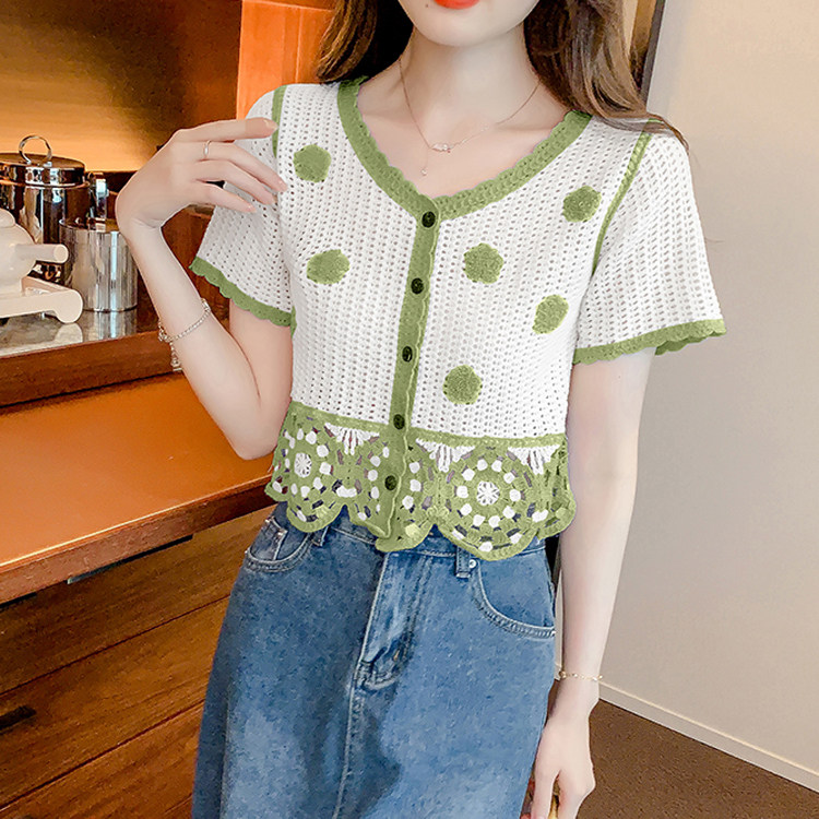 小香风山茶花短袖针织衫女夏季小个子短款镂空别致上衣法式小开衫