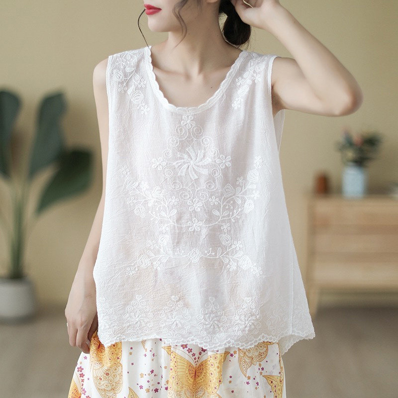 2026夏季新款无袖内搭小清新上衣宽松刺绣棉麻白色文艺吊带背心女
