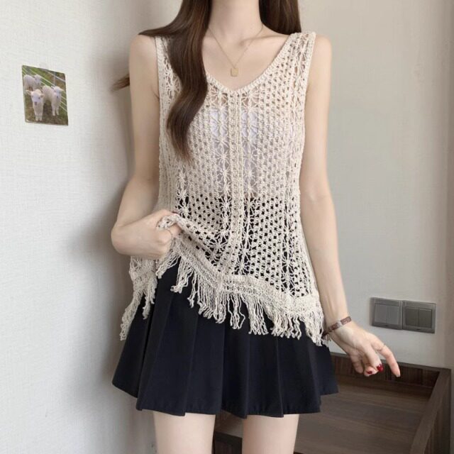 法式复古流苏镂空吊带背心女外穿2025夏新款宽松显瘦针织罩衫上衣