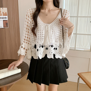 针织开衫2025夏季波西米亚度假风勾花缕空系带针织开衫女上衣外套