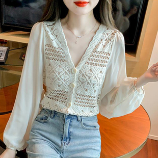 钩花镂空v领长袖针织开衫女早春季小清新雪纺拼接泡泡袖短款上衣