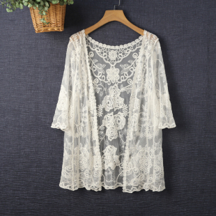 女海边度假蕾丝衫 比基尼泳衣外搭罩衫 绣花网纱披肩沙滩防晒衣开衫