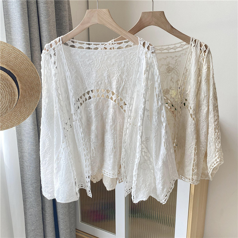 早秋新款复古镂空钩花纯棉小开衫空调衫时尚披风女短外套防晒罩衫