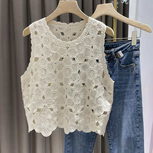 法式甜美花朵纯棉背心女夏小众设计重工镂空钩花马甲显瘦无袖上衣