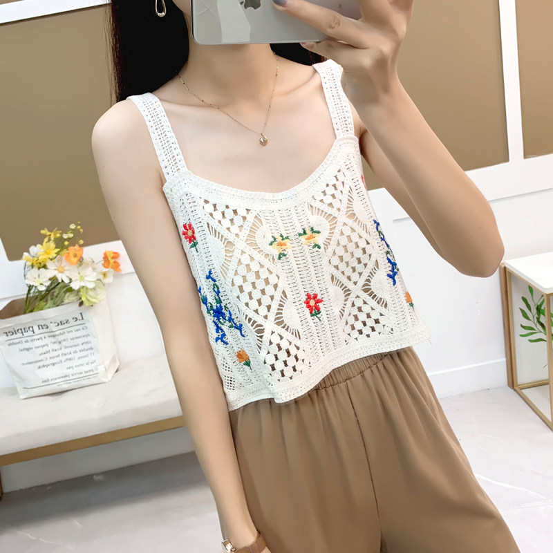 港风小清新镂空刺绣绣花吊带衫女2026夏季减龄外穿白色短款小背心
