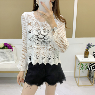 春新款全棉镂空蕾丝钩花上衣女白色比基尼罩衫防晒衣度假沙滩衣衫