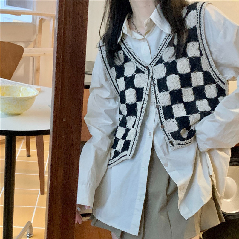 复古棋盘格短款针织马甲女春夏季宽松坎肩日系外搭小背心叠穿开衫
