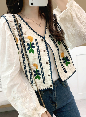 【孤品】秋新款韩版甜美镂空刺绣拼接长袖开衫chic宽松针织上衣女