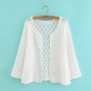 韩版时尚棉线镂空钩花七分袖上衣针织短款开衫夏季披肩外搭配裙子