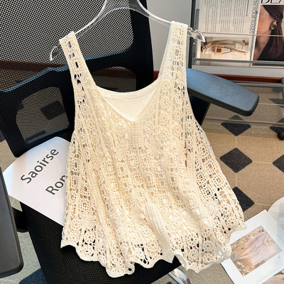 夏季复古民族风钩花遮肚外穿背心