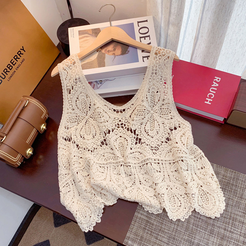 复古针织镂空刺绣时尚无袖吊带叠穿女装百搭套头罩衫V领外穿背心