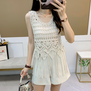 波西米亚民族风网织镂空背心无袖流苏叠穿罩衫女夏音乐节穿搭上衣