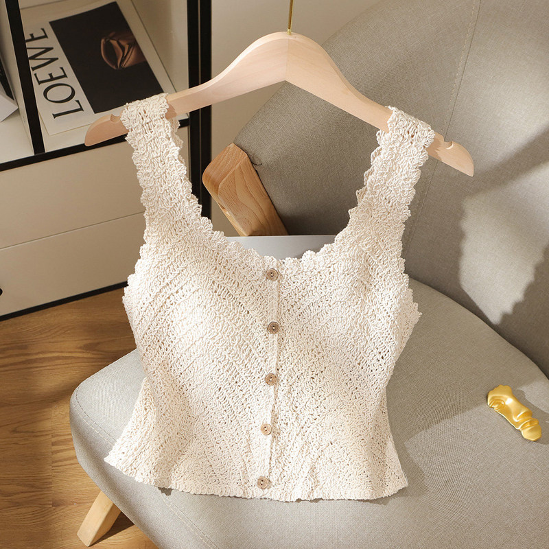 韩式镂空针织马甲吊带背心女短款打底外穿性感高级甜美无袖上衣秋