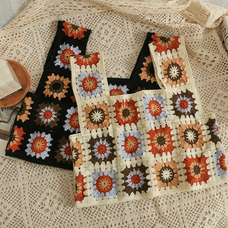 港风复古格子短款露脐宽松吊带衫女新款镂空钩花透视薄款小背心春