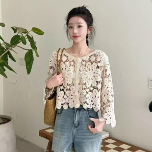 夏季小众百搭针织钩花外套女波西米亚风镂空长袖开衫外搭温柔上衣