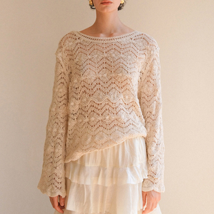 钩花镂空长袖针织衫女秋季2025新款薄款巨好看毛衣宽松慵懒风上衣
