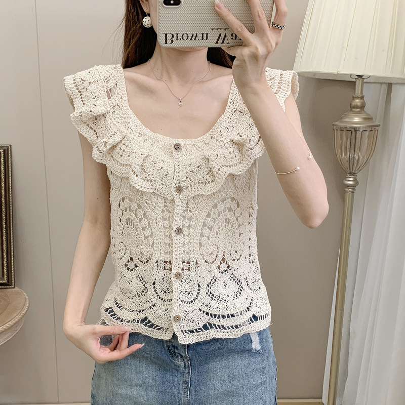 荷叶边圆领镂空钩花针织背心女外穿夏季小清新小个子短款无袖上衣