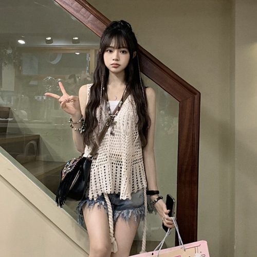 夏季女镂空流苏针织吊带马甲罩衫