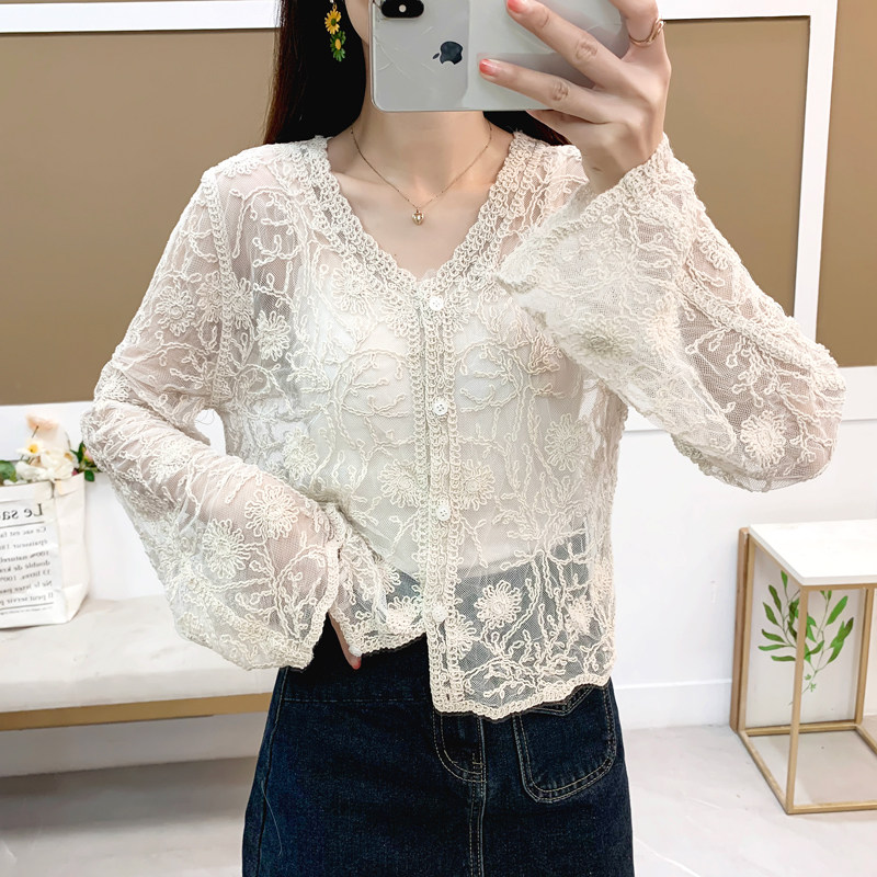 超仙防晒衣女2025新款秋季薄款宽松网纱镂空罩衫蕾丝衫披肩小外套