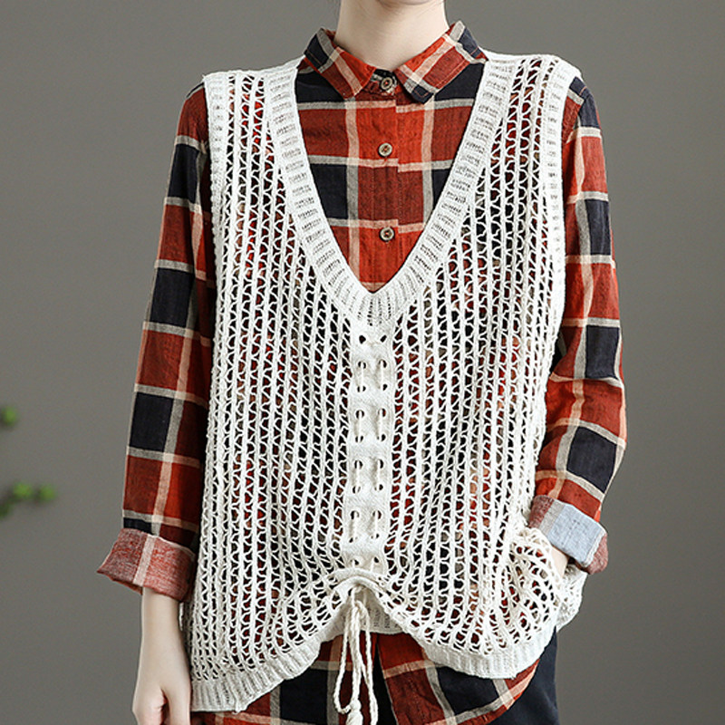 文艺复古马甲背心女针织上衣短款V领镂空宽松春夏外穿棉质马夹ins