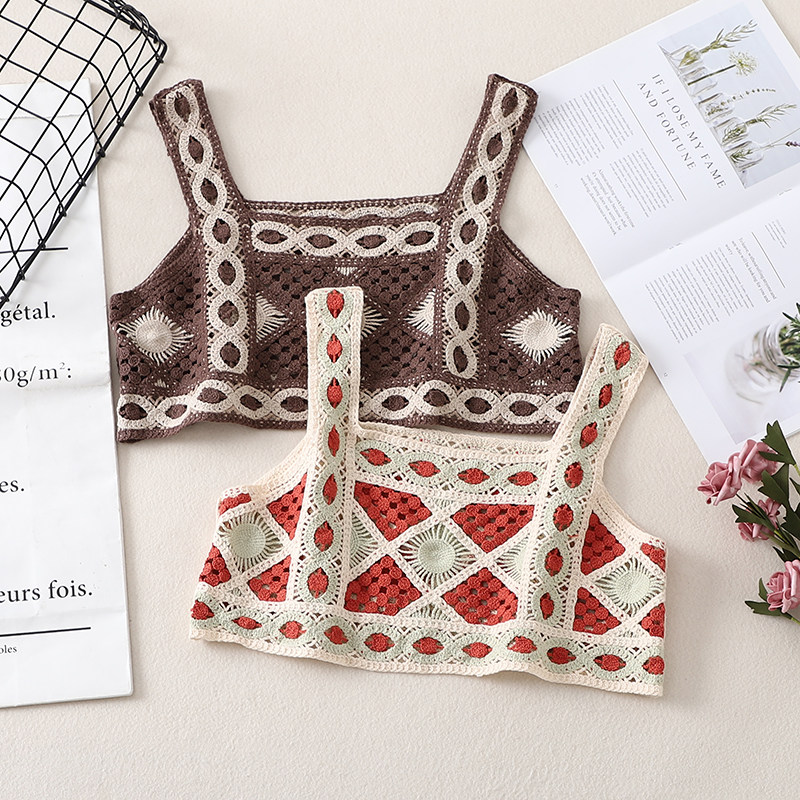 勾花镂空方领上衣女短款夏季背心小罩衫针织锁骨内搭吊带辣妹露脐