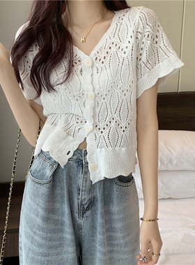 夏季女网红镂空防晒开衫薄款短袖T恤温柔风v领披肩针织打底上衣潮