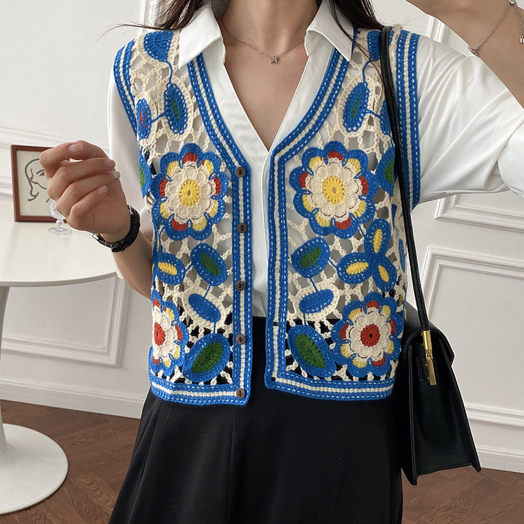 镂空针织马甲开衫女春夏外穿新款复古无袖坎肩短款绣花马夹小背心