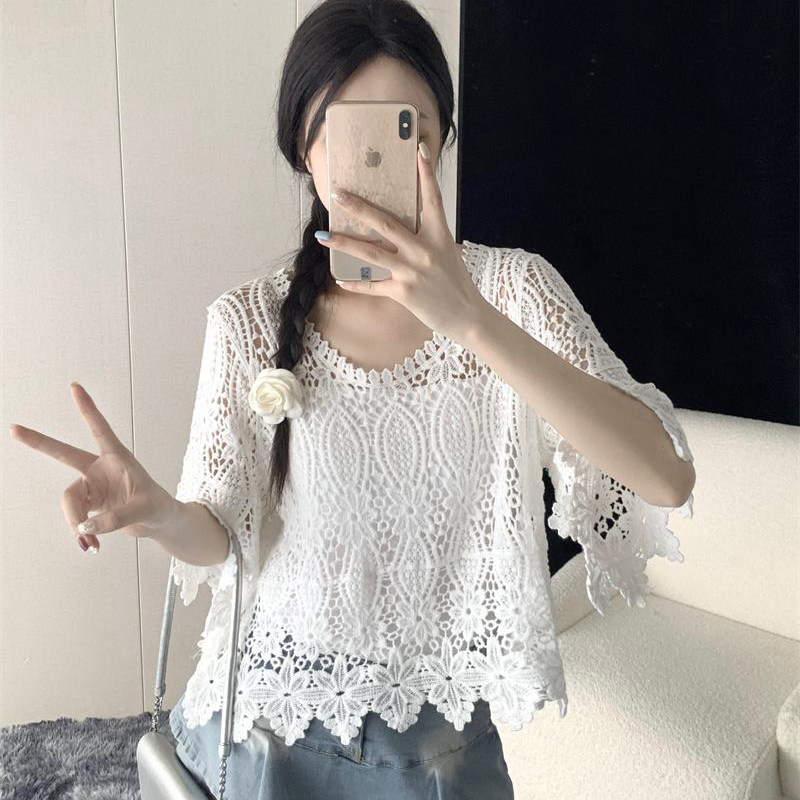 大码女装胖mm钩花镂空针织衫夏新款外搭宽松套头罩衫百搭防晒上衣