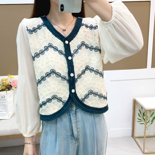 针织拼接衬衫女别致短款雪纺上衣