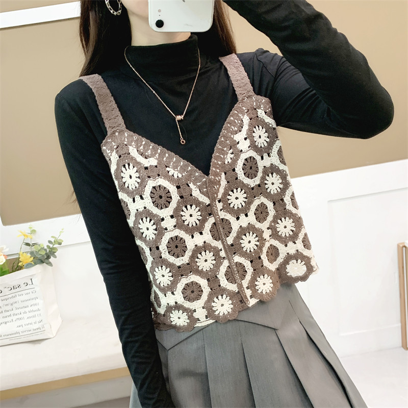 2025早春新款复古法式背心拼色钩花针织外穿吊带镂空马甲短款外搭