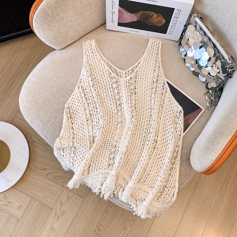 2025夏设计感吊带背心外搭罩衫女针织衫宽松叠穿镂空无袖马夹上衣