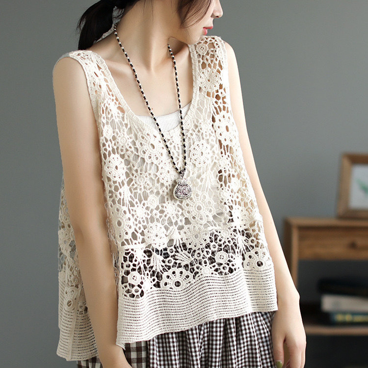 韩版镂空V领棉线针织马甲背心女小众夏休闲百搭洋气减龄无袖坎肩