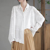 翻领文艺纯色衬衣气质上衣 长袖 新款 小众复古全棉立体勾线刺绣衬衫