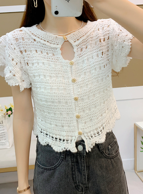 短袖针织罩衫女春夏镂空钩花短款宽松外搭配裙子上衣百搭棉线网衫