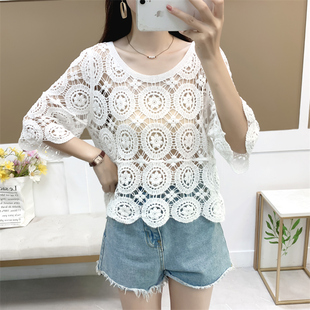 洋气薄绣花上衣女2025新款 夏装 很仙 罩衫 外搭宽松打底镂空蕾丝衫