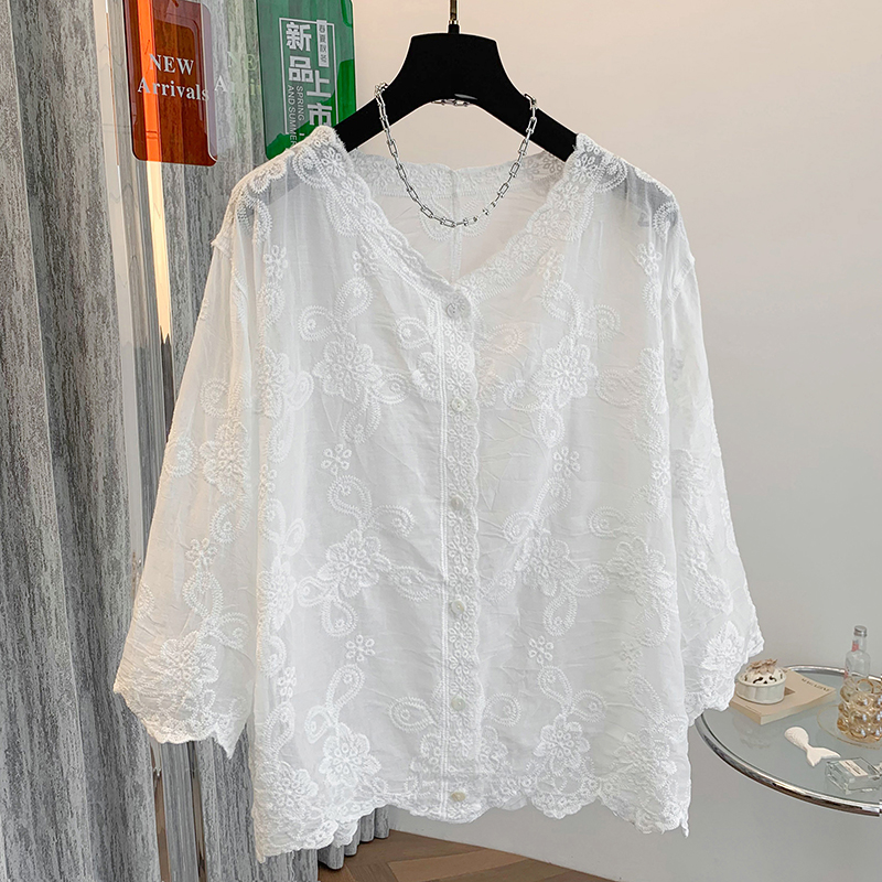 韩系甜美七分袖V领防晒蕾丝衫