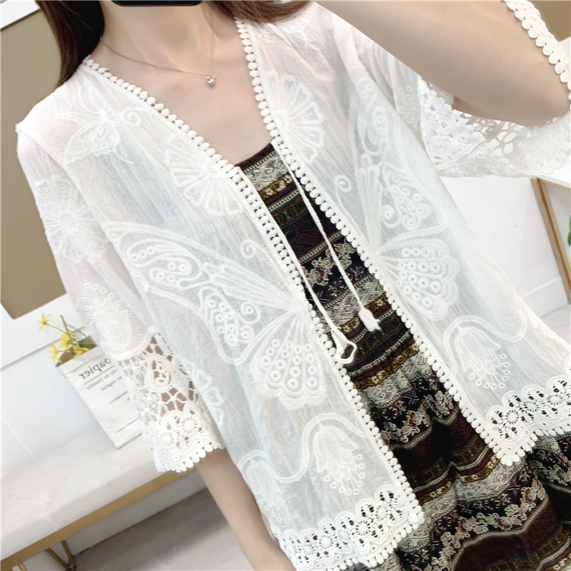 2025春夏刺绣披肩外套海边度假沙滩防晒衣女纯棉绣花蕾丝系带开衫
