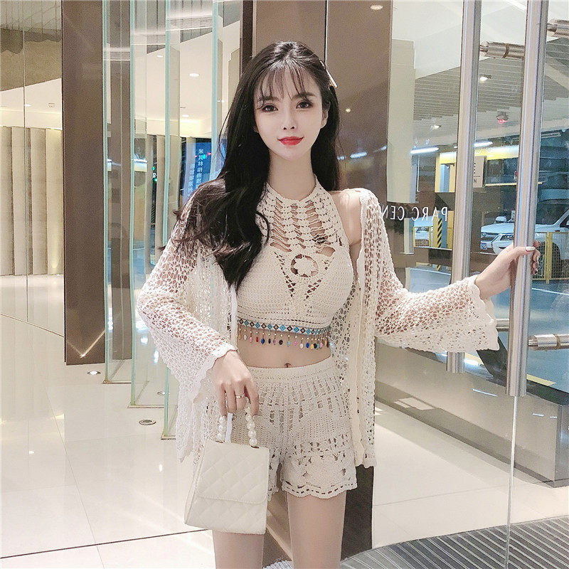 套装2025年新款挂脖蕾丝流苏抹胸+镂空防晒外套+高腰蕾丝勾花短裤,女装/女士精品,时尚套装,淘宝优惠券,粉丝福利购,淘宝优惠卷