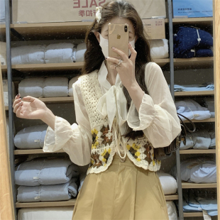 上衣 外搭洋气系带马甲女纯欲风祖母格毛巾绣开衫 2025春夏短款 无袖