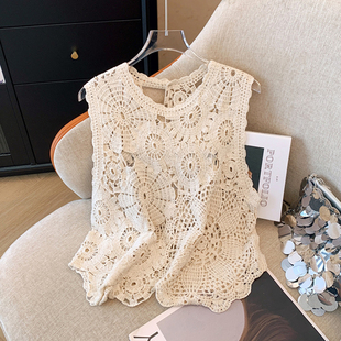 上衣 无袖 韩式 花朵棉纱背心小众设计高级蕾丝镂空钩花工艺重工短款