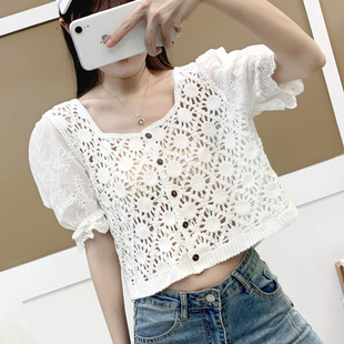 孤品 蕾丝衫 夏季 设计感小众显瘦减龄镂空上衣钩花短款 女 新款