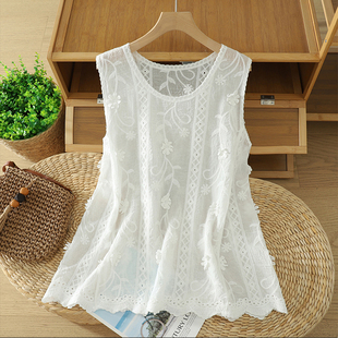 法式港风钩花镂空圆领小背心女夏季减龄显瘦刺绣蕾丝拼接无袖上衣