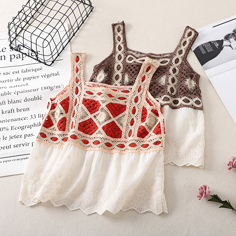 波西米亚海边拼色内搭短款绣花上衣小吊带勾花背心女外穿ins网红