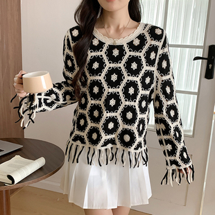 波西米亚钩花镂空长袖针织衫女2025秋季宽松穿搭配裙子罩衫上衣女