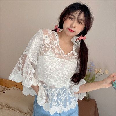 防晒罩衫夏季白色短款雪纺衫上衣