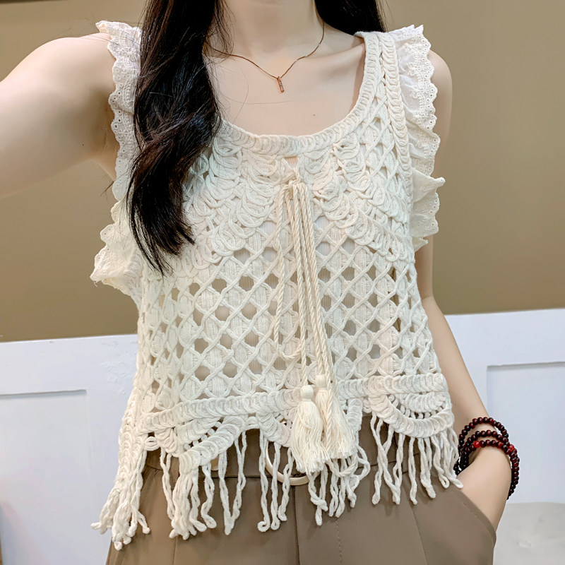 2025夏季流苏网格镂空吊带背心女叠穿搭配裙子时尚无袖背心马甲女