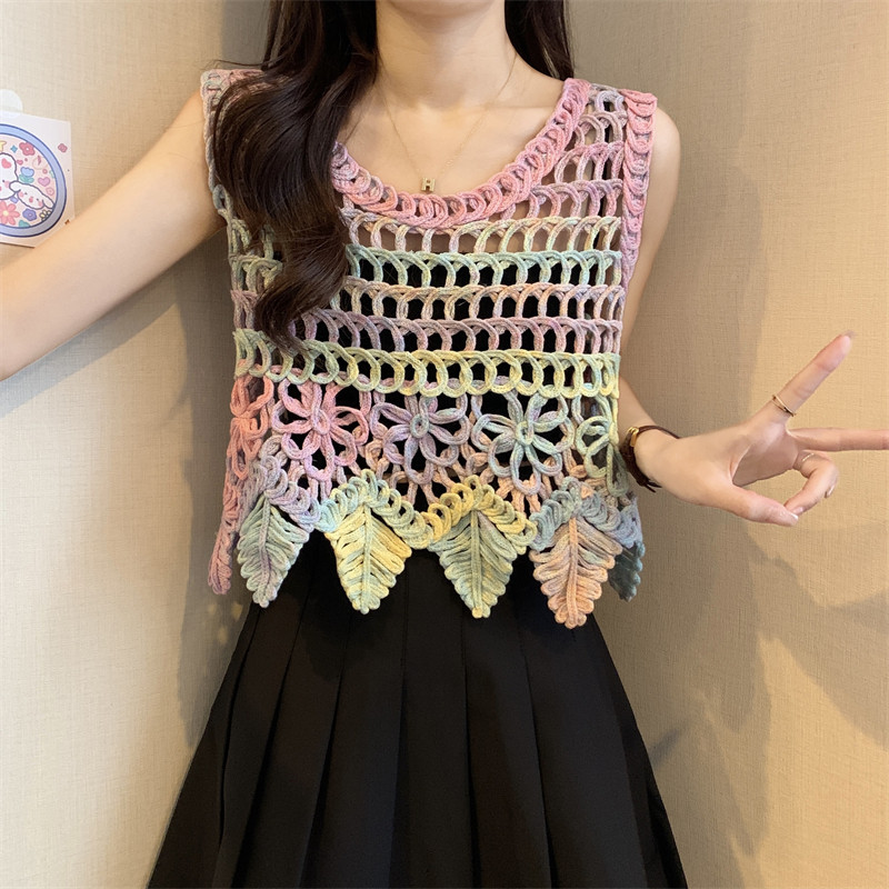 多巴胺风钩花镂空针织吊带背心女夏外穿叠穿无袖坎肩钩花短款上衣