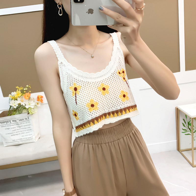 【孤品】夏季刺绣小雏菊百搭背心女宽松休闲减龄短款针织外穿吊带