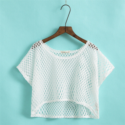 2024宽松女夏短款短袖蕾丝罩衫
